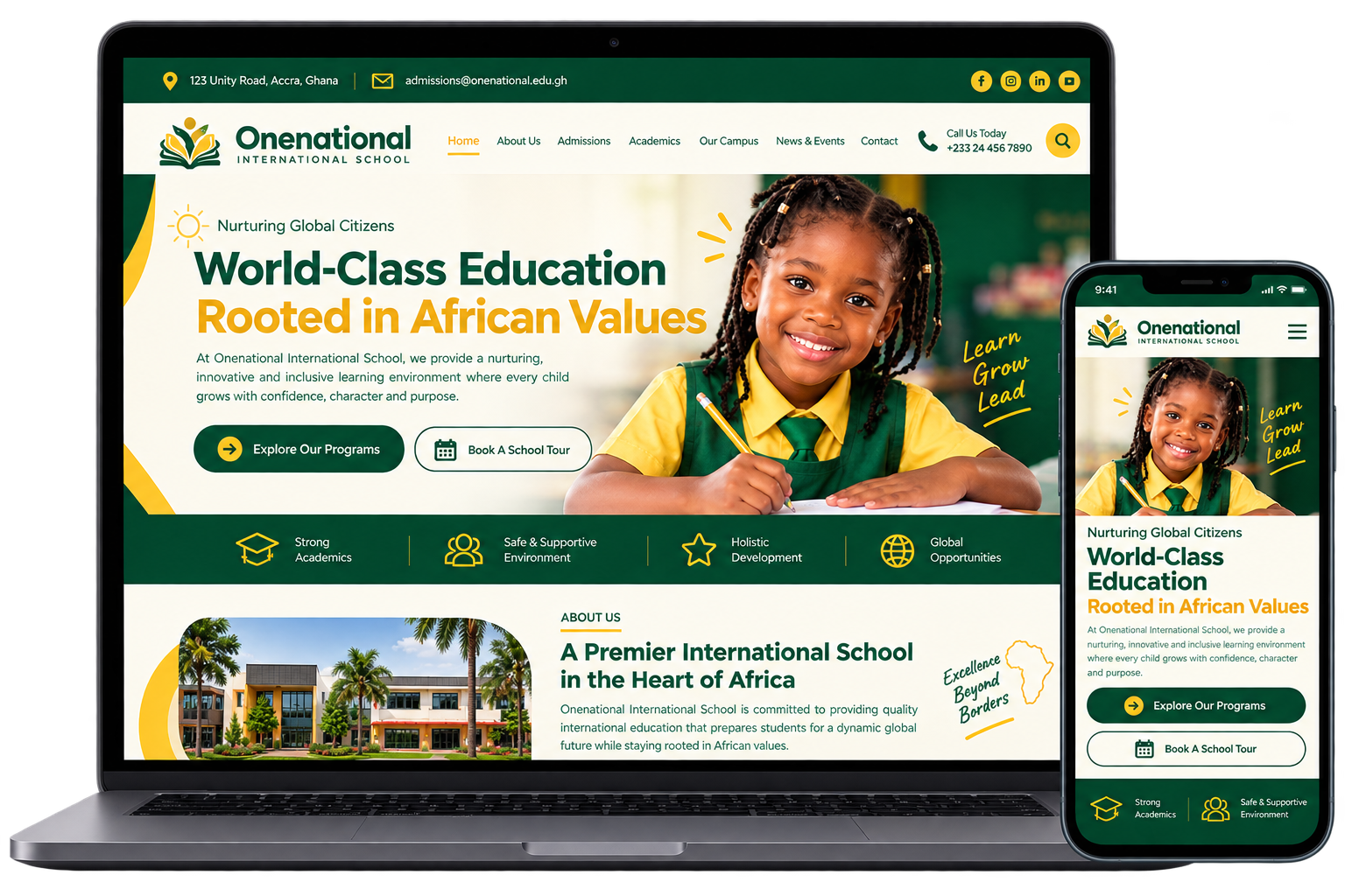 Example school website shown on a laptop and phone